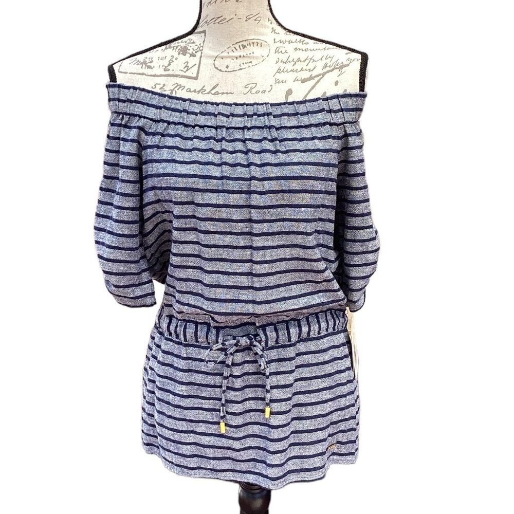 Navy Blue Striped Linen Tie-Roused Waist Top NWT